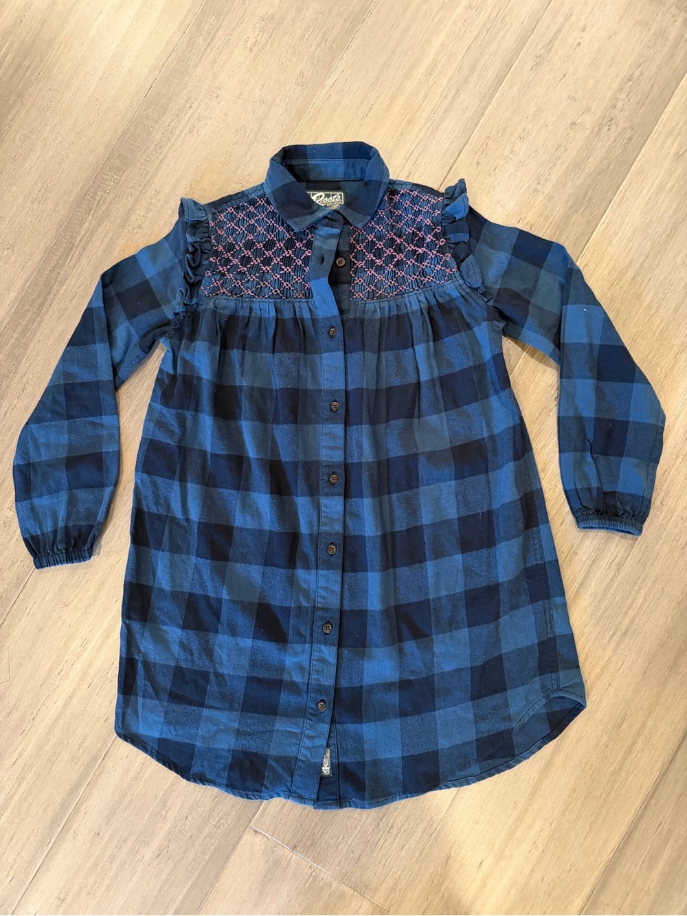 NEW Roots Canada Girls Blue Park Plaid Button-Down Dress/Long Shirt Medium 7-8Y